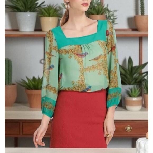 Vanessa Virginia Silk ANTHROPOLOGIE Green Blouse Top Bird Baroque Womens S 4 - Picture 2 of 9
